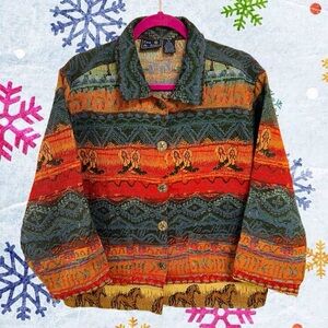 Jane Ashley vibrant orange tapestry wild western cowboy jacket